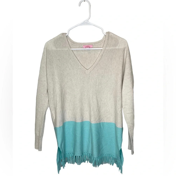Lilly Pulitzer Cashmere Sweater Size XXS/XS Alessandra Serene Blue Fringed Hem - Picture 1 of 8